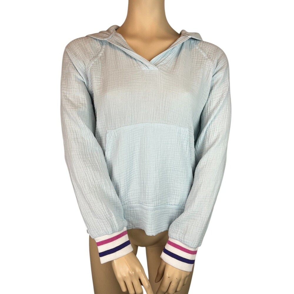 SUNDRY Blue Cotton Long Sleeve Top Split Back Popover Hoodie Size S NWT